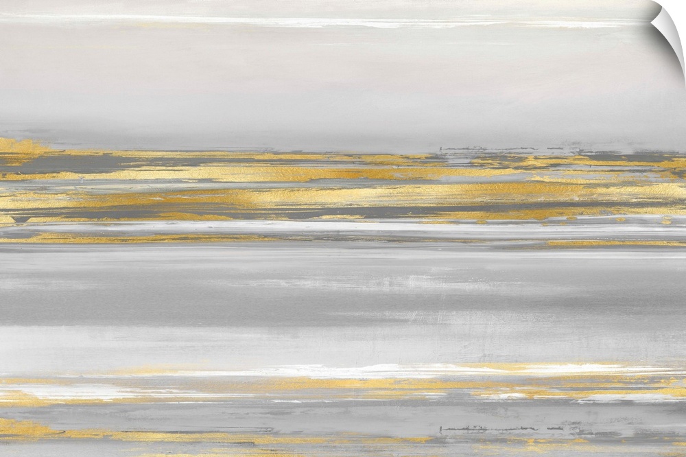 Contemporary artwork featuring gold brush strokes on a soft gray background.
