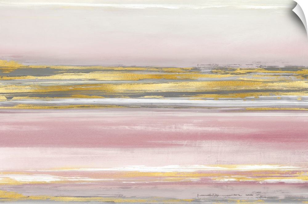 Contemporary artwork featuring gold brush strokes on a soft pink background.