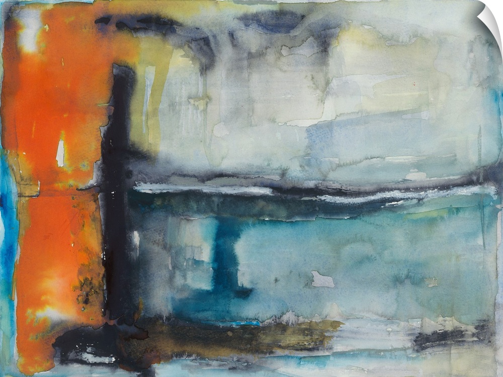 Abstract painting made with orange, yellow, gray, and shades of blue.