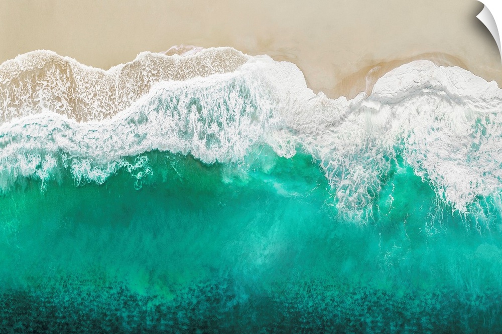 One artwork in a series of aerial shots of a beach as teal waves break upon the shore.