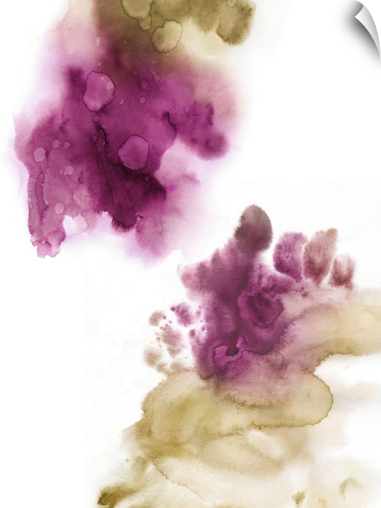 Abstract painting with fuchsia and gold hues splattered together on a white background.