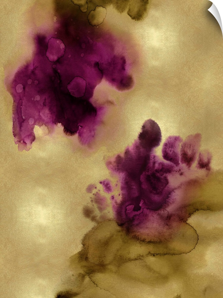Abstract painting with fuchsia hues splattered together on a gold background.