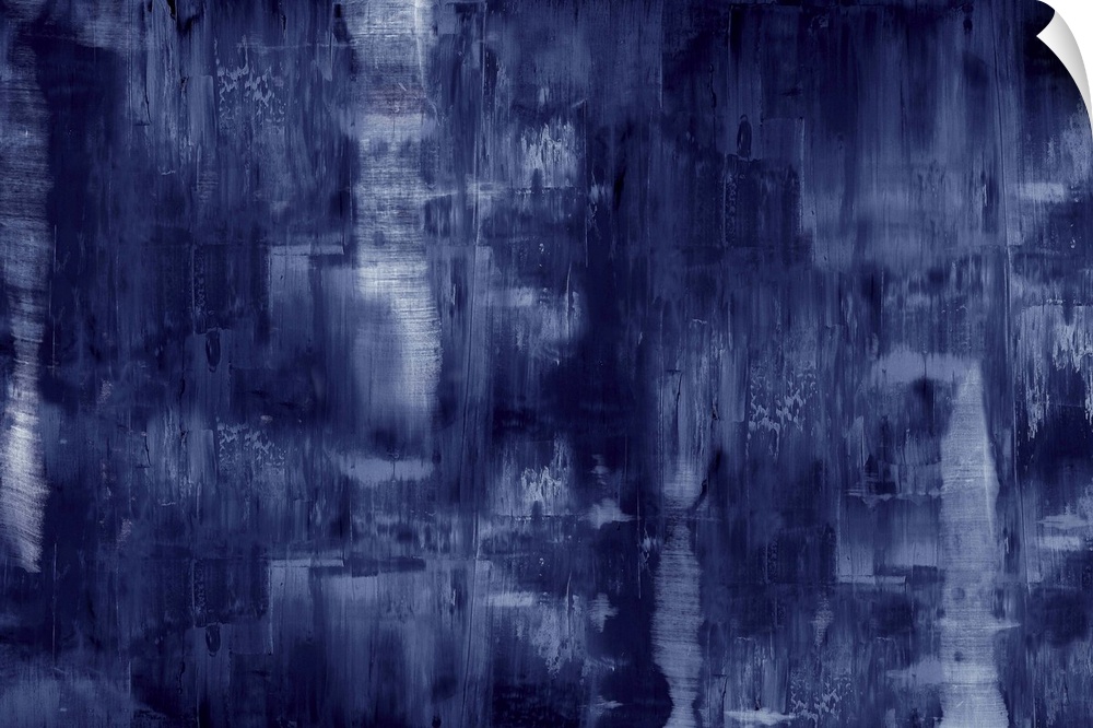 Large abstract painting created with deep indigo hues and small streaks of white.