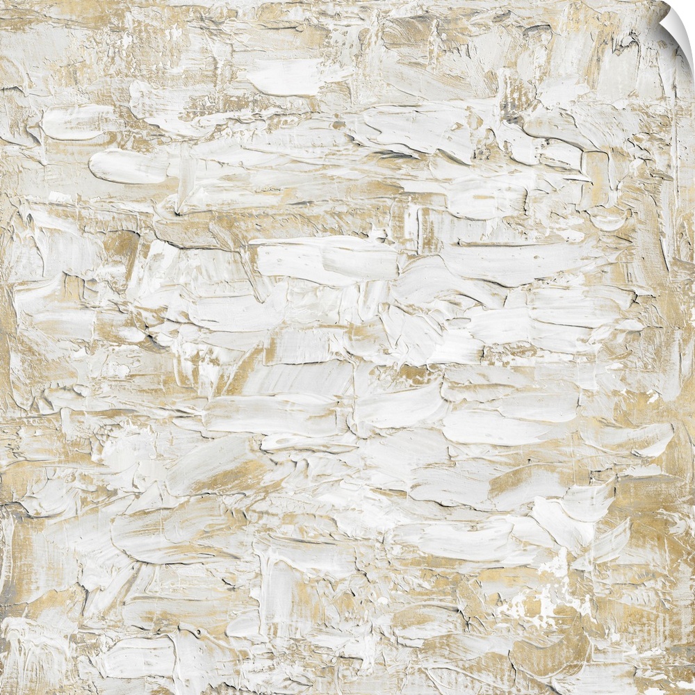 Originally painted with thick white and gold textured paint. The final item is digitally printed in shades of white and gold.