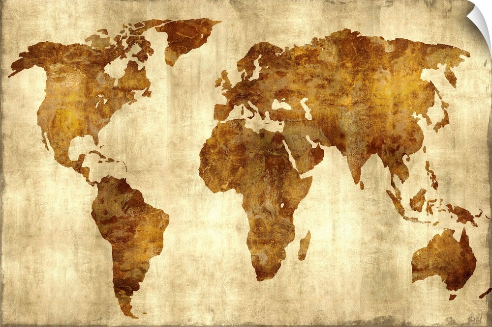 Rustic map of the World with no labeling in bronze and gold hues.