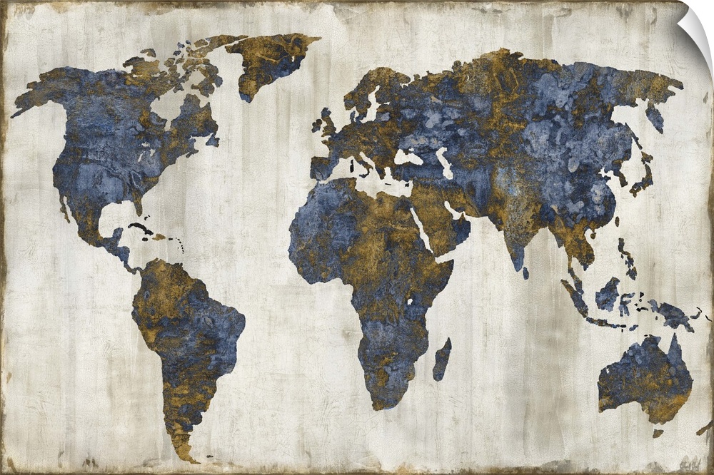World map in silver, gold, and white.