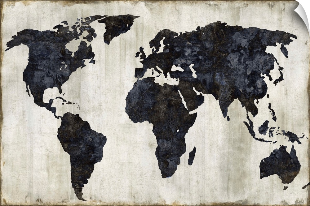 World map in black, silver, gold, and white.