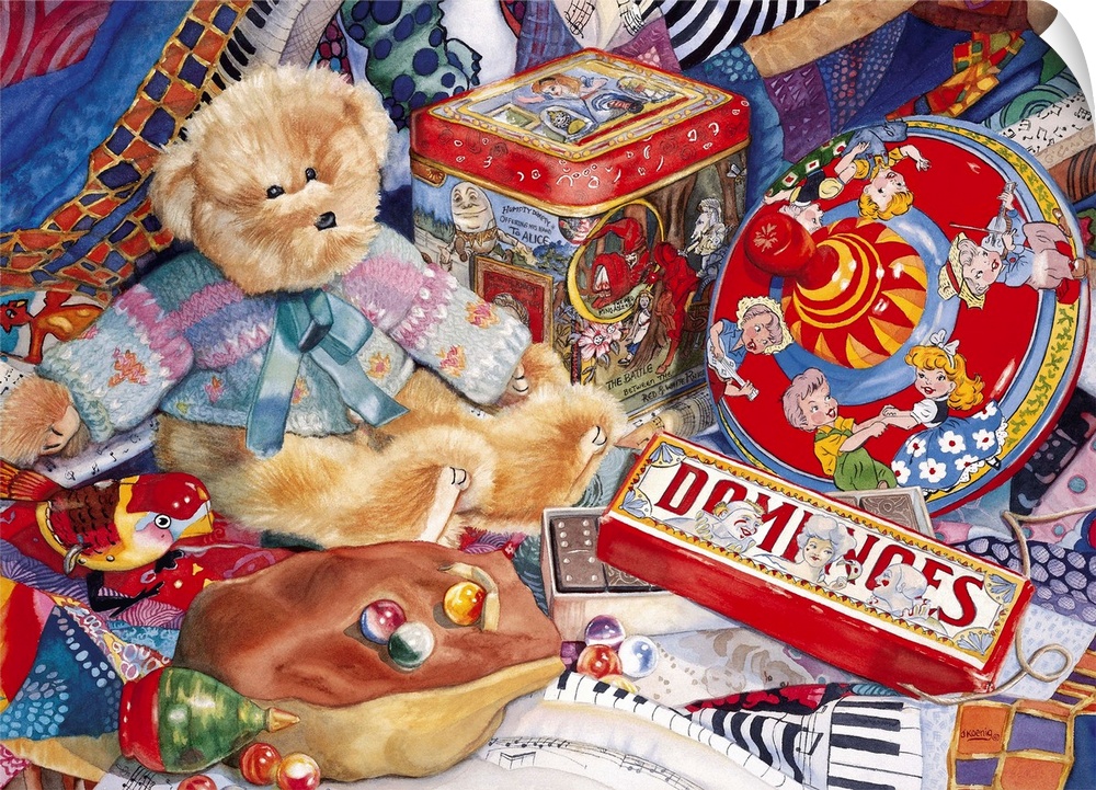 Watercolor painting of children's toys piled together.