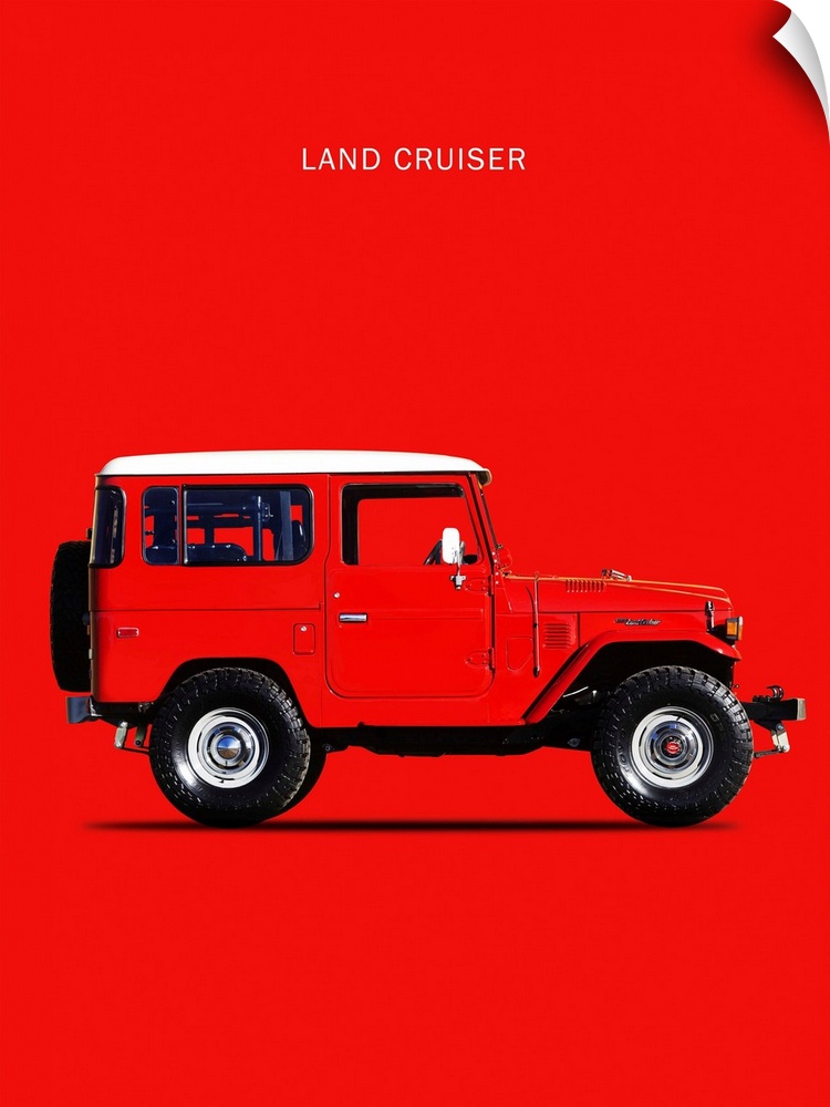 Photograph of a red Toyota Land Cruiser FJ40 1977 with a white hood printed on a red background