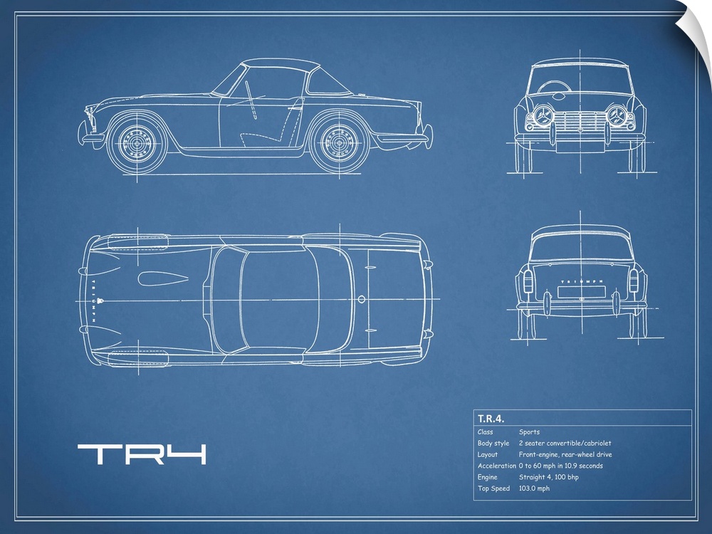 Antique style blueprint diagram of a Triumph TR4 printed on a Blue background