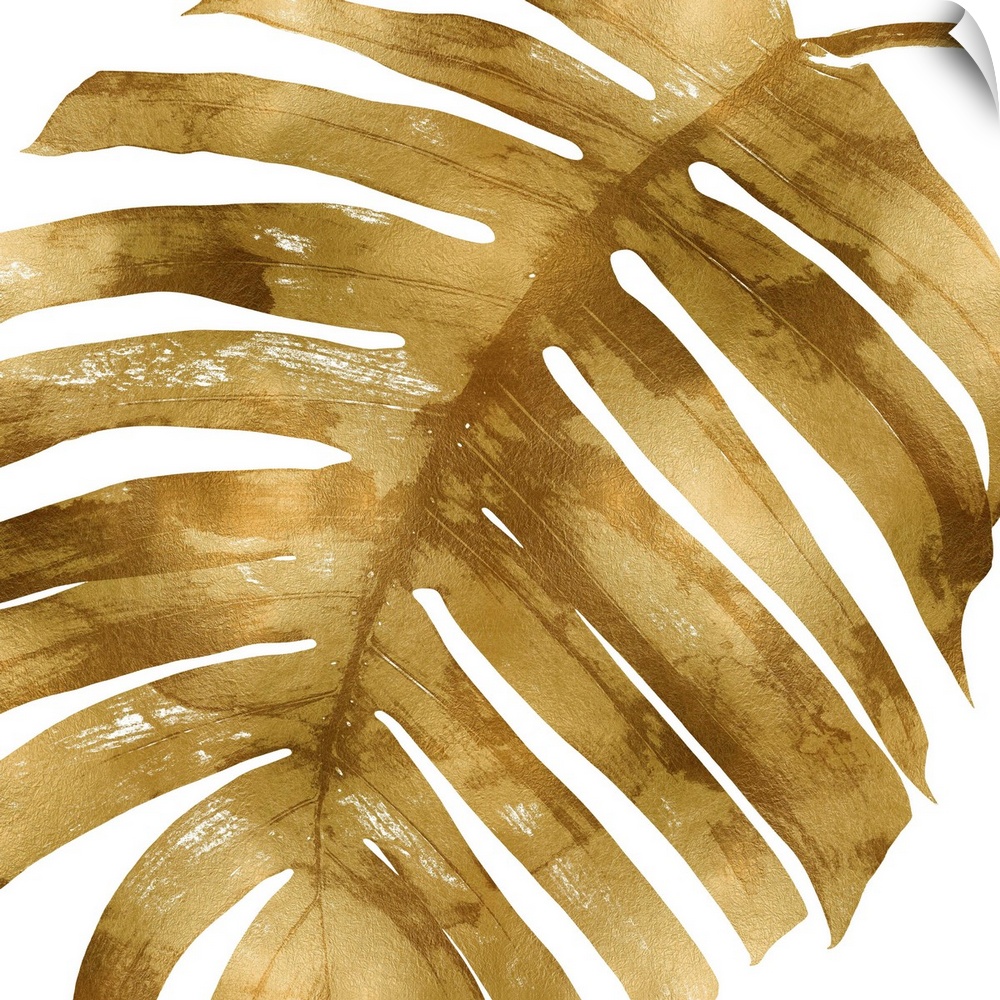 Square decor with a metallic gold silhouette of a palm leaf on a solid white background.