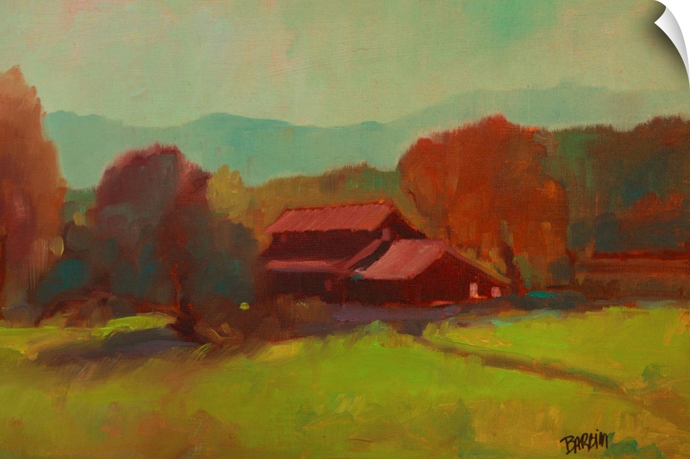 Contemporary landscape painting with a red barn surrounded by Autumn trees and mountains in the distance.
