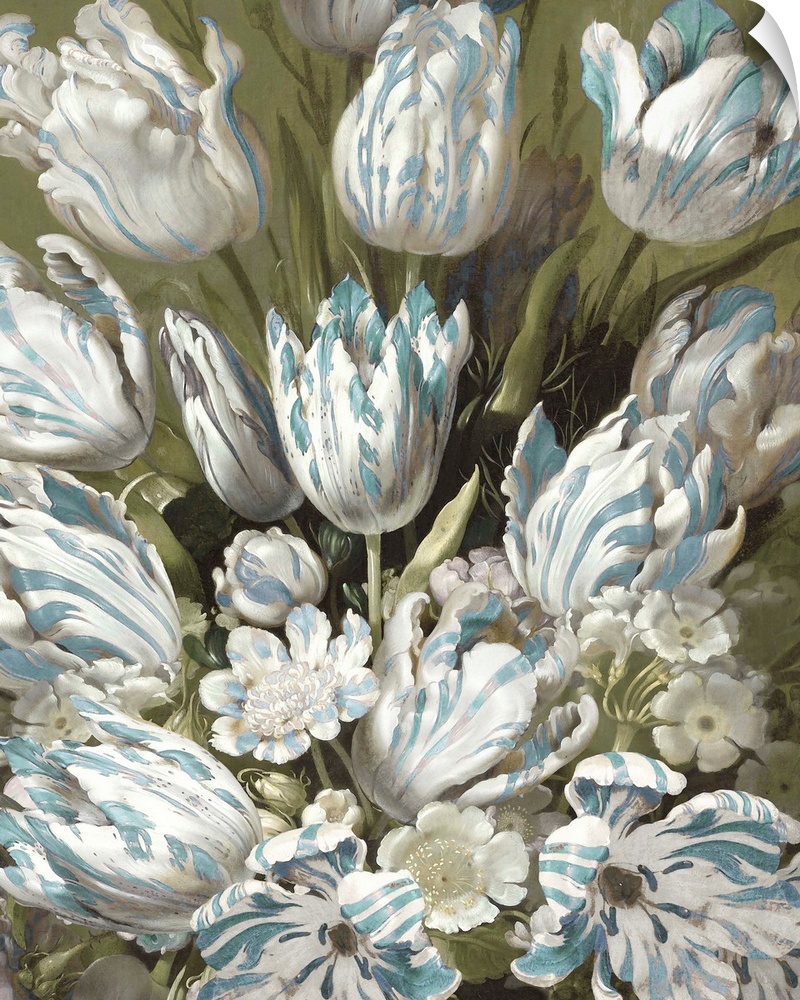 This romantic artwork features a tulip bouquet of white flowers with aqua accents against a subdued background.