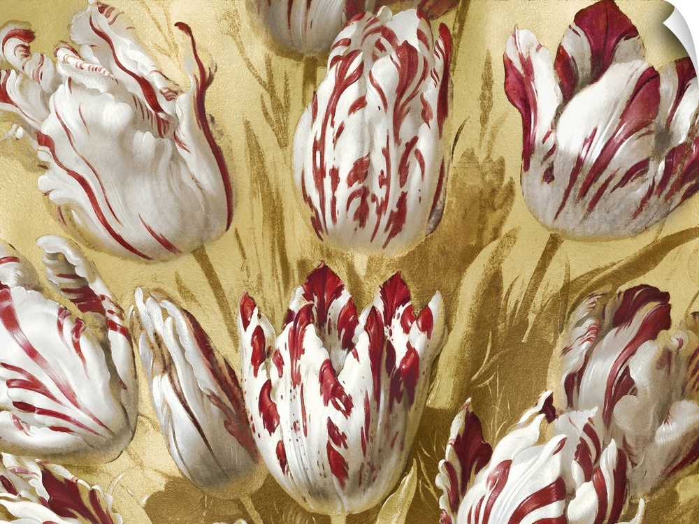This romantic artwork features a tulip bouquet of white flowers with red accents against a gold background.
