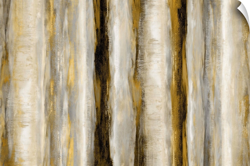 Large abstract painting with bands of metallic gold and silver running vertically across the canvas, and neutral tones in-...