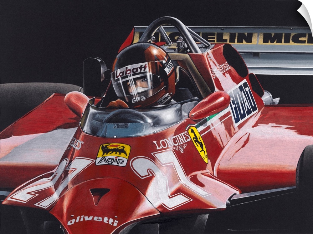 Illustration of a red Formula One car with a driver.