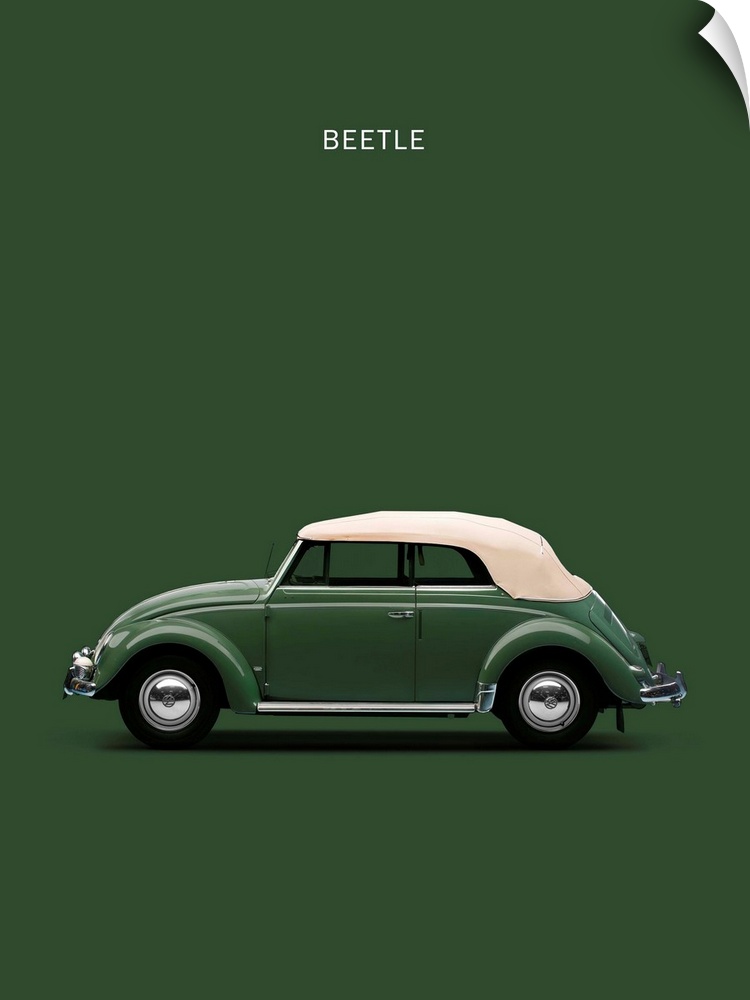 Photograph of a dark green VW Beetle Green 53 with a cream hood printed on a green background