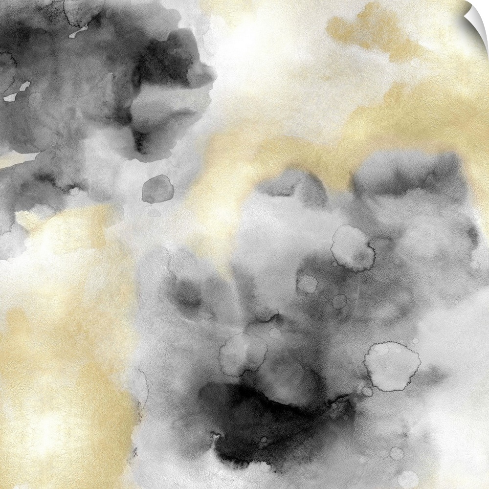 Abstract painting with gold and black hues splattered together on a silver background.
