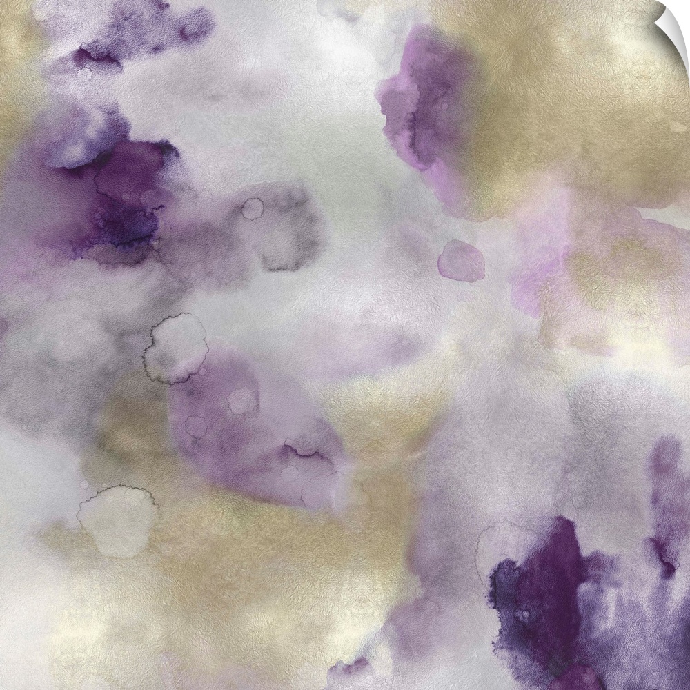Abstract painting with purple and gold hues splattered together on a silver background.
