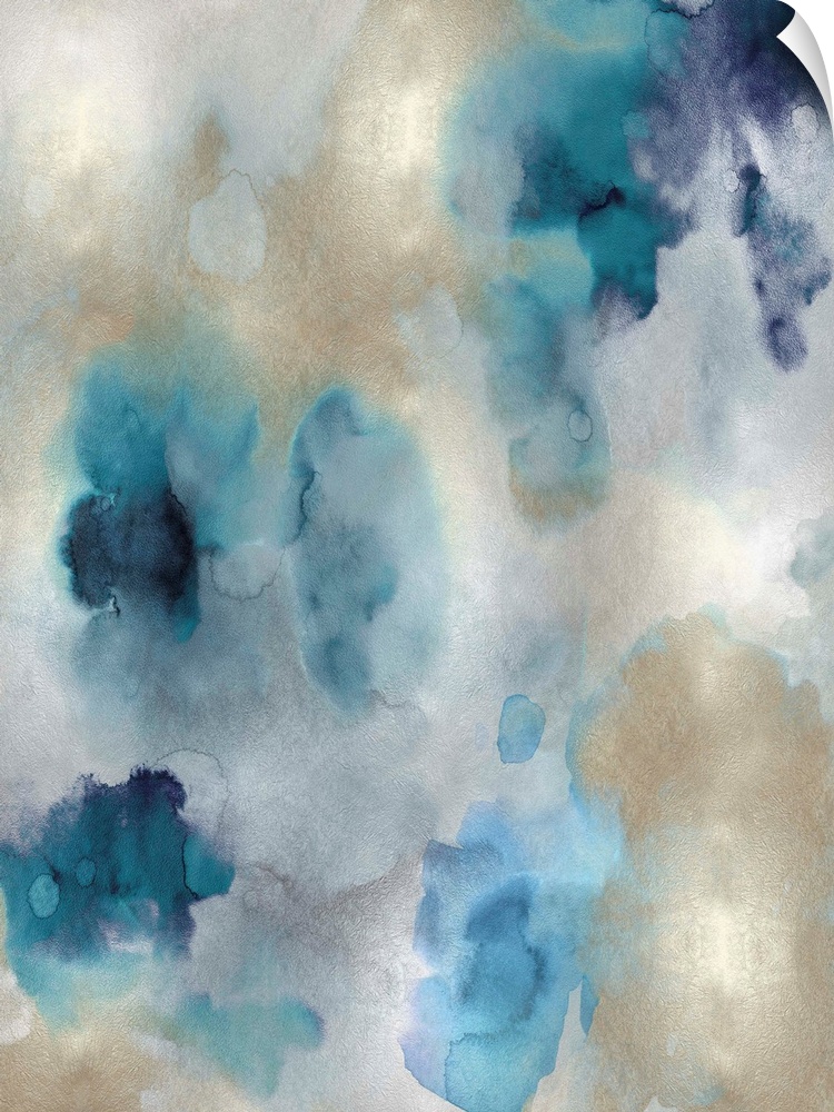 Abstract painting with shades of blue and gold hues splattered together on a silver background.