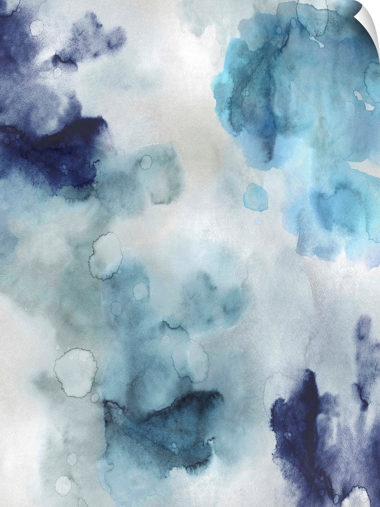 Abstract painting with shades of blue hues splattered together on a silver background.