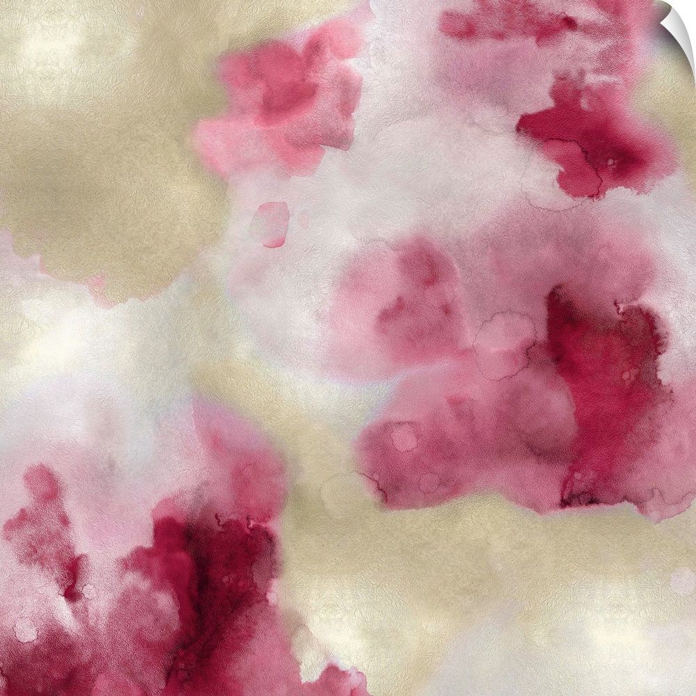 Abstract painting with shades of pink and gold hues splattered together on a silver background.
