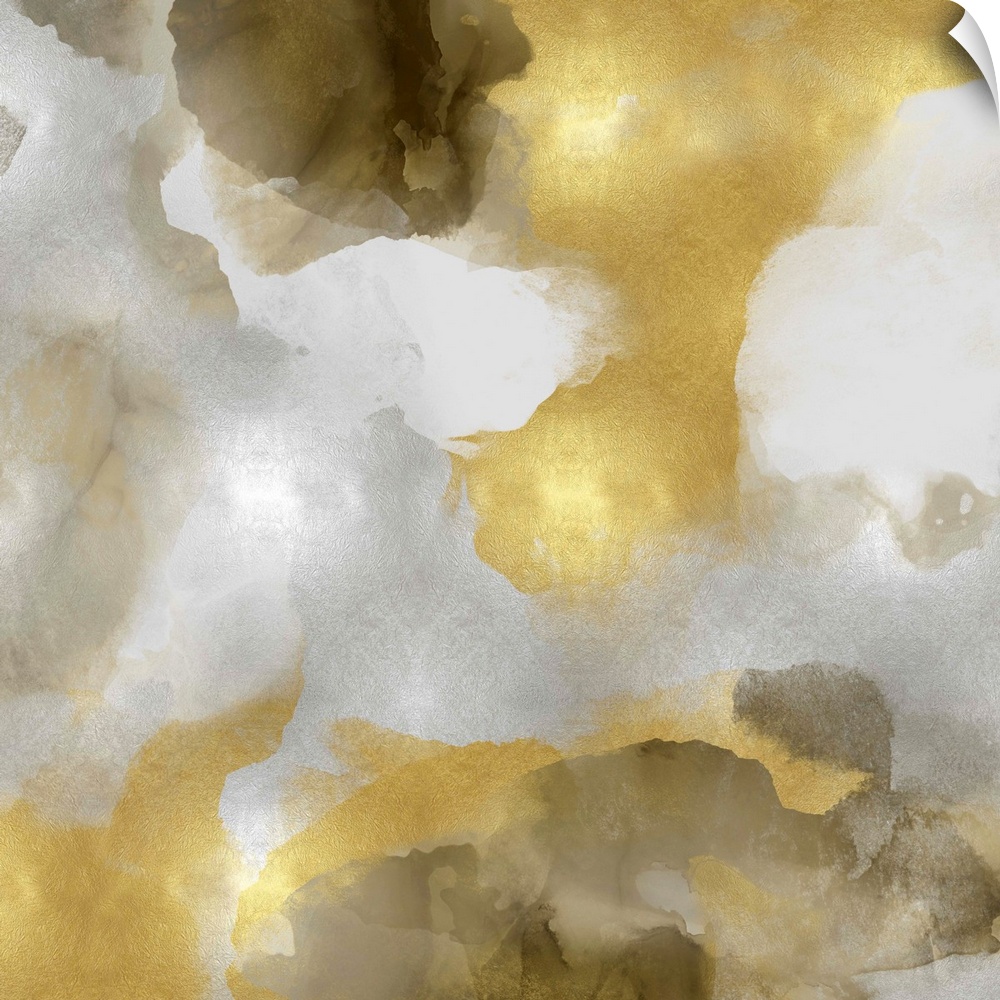 Abstract painting with metallic gold and silvers splattered together on a gray background.