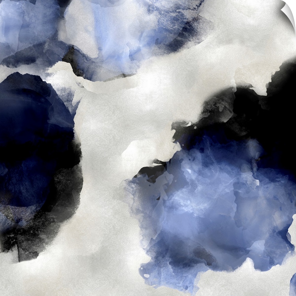 Abstract painting with indigo and black hues splattered together on a silver background.