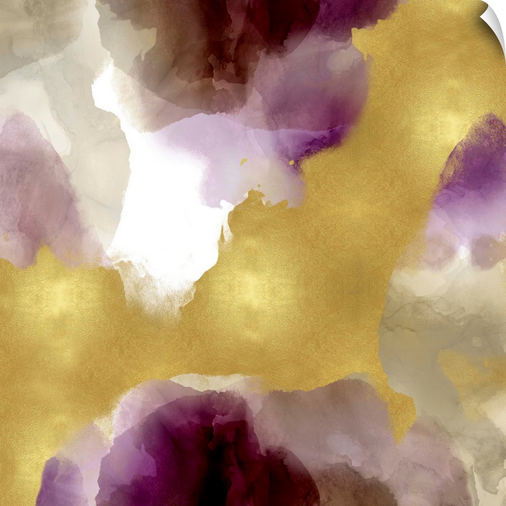 Abstract painting with shades of purple, gray, and gold splattered together on a white background.