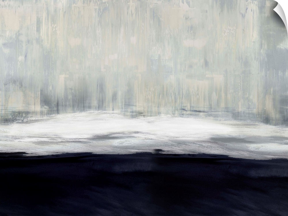 Large abstract painting in gray, white, and navy blue hues.