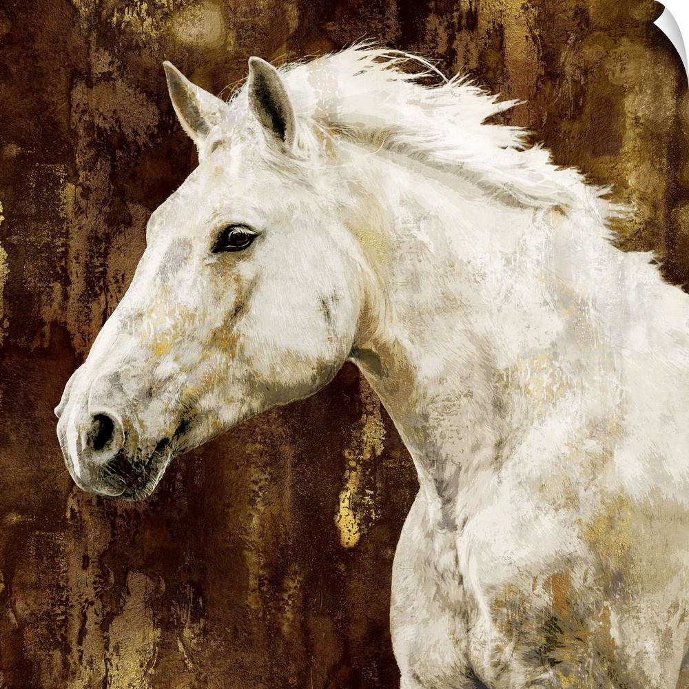 Square decor of a white stallion with its head down on a silver background and gold streaks running over the top.