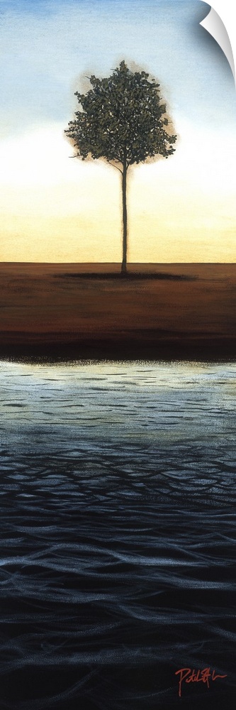 A long vertical painting of a single tree next to a body of water with the sun setting behind it.