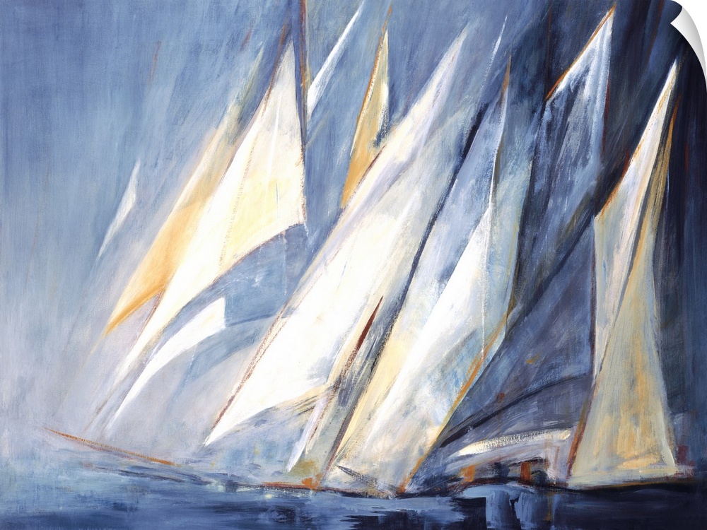 A contemporary painting of sailboats on rough waters.