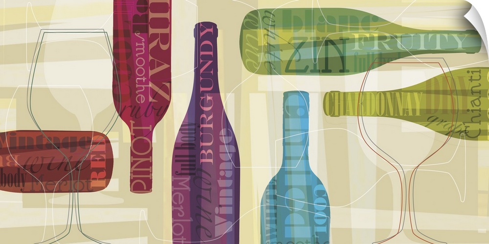 Horizontal artwork of multi-colored wine bottles with words associated with wine on them on a beige background with geomet...