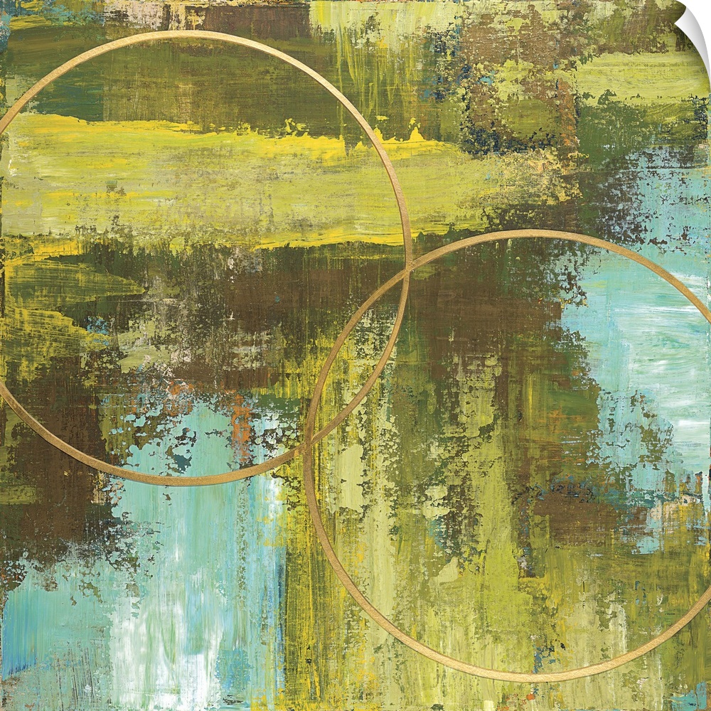Square abstract of two circular rings in gold with a textured background of green and blue.