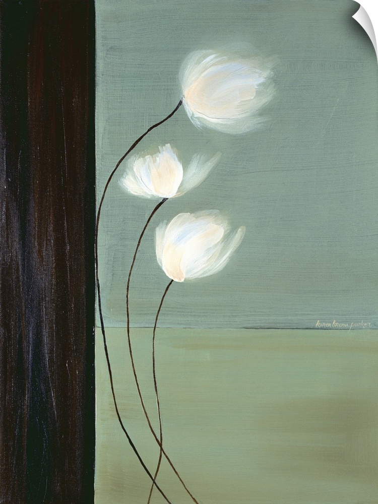 Vertical painting of three white flowers with long stems against a teal background with a black border on the left.