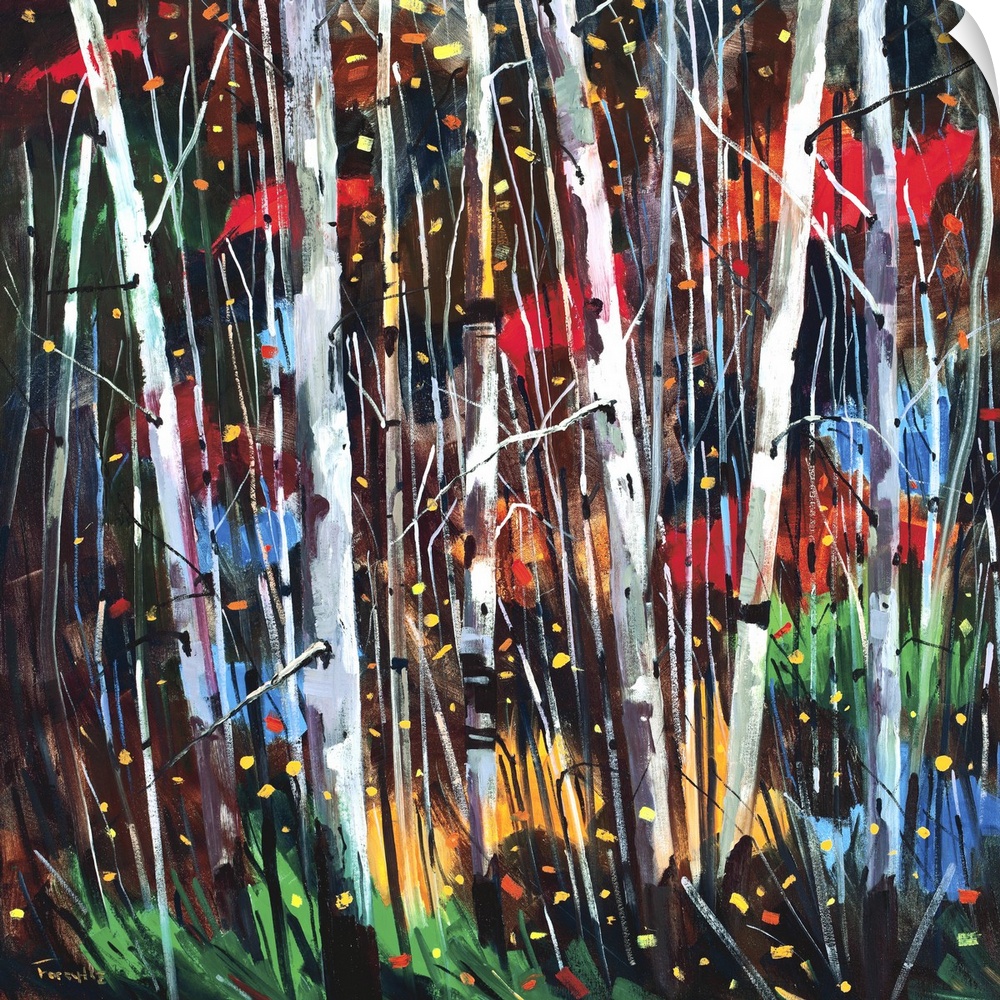 A square abstract painting of a forest of birch trees with black, red, yellow and red colors in the background.