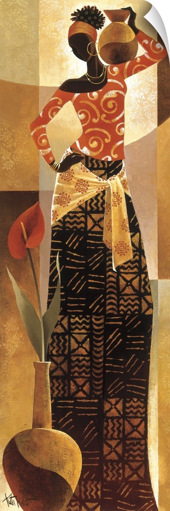 Artwork of an African woman in traditional dress holding a vase.