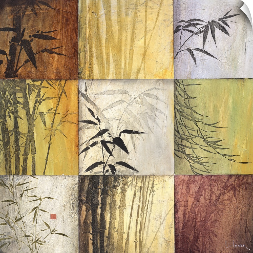 Square painting of nine images of bamboo in different colors and views.