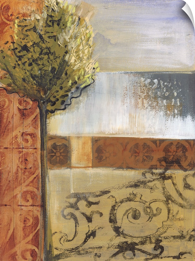 A vertical landscape painting of a tree in front of water with a subtle hint of a gray gate in the foreground.