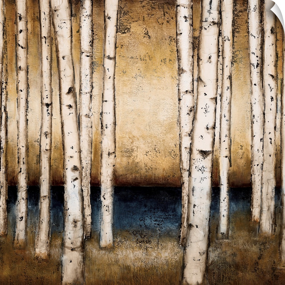 Square contemporary painting of birch trees in a forest done in neutral earth tones.