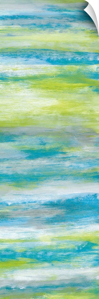 A long abstract painting of bright textured colors in blue, gray and green.