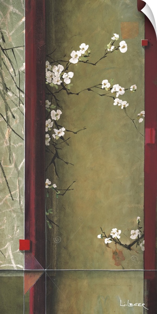 A contemporary painting of white cherry blossom flowers bordered with a square grid design.