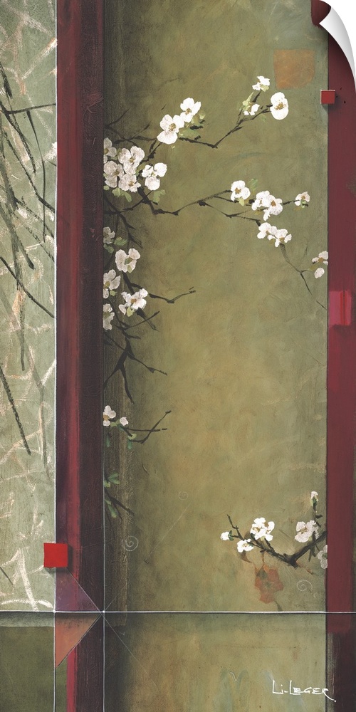 A contemporary painting with white cherry blossoms bordered with a square grid design.