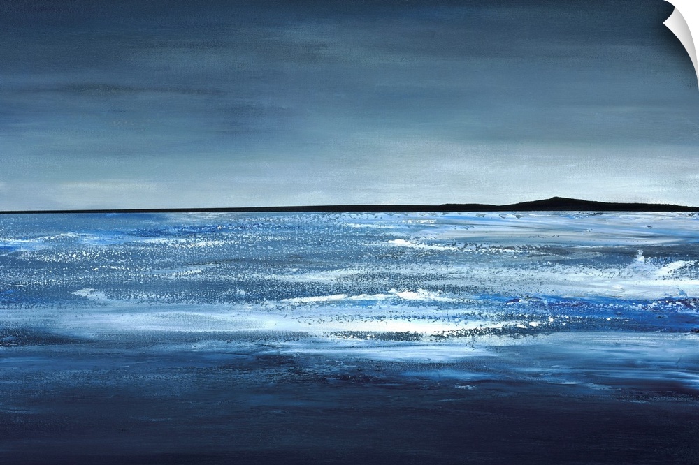 A modern landscape of an ocean scene in bold brush strokes of blue, gray and white.