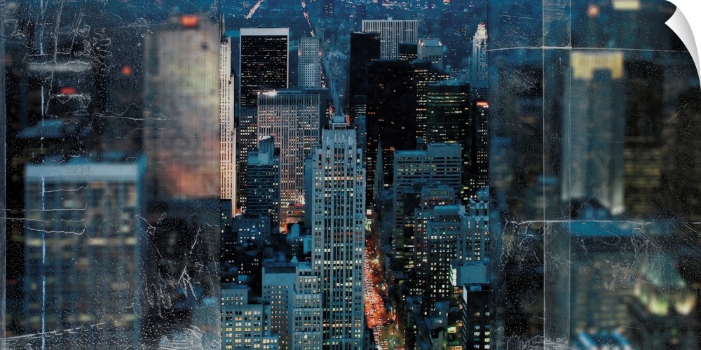 An image composite of the city skyline of New York framed with a textured screen on both sides.