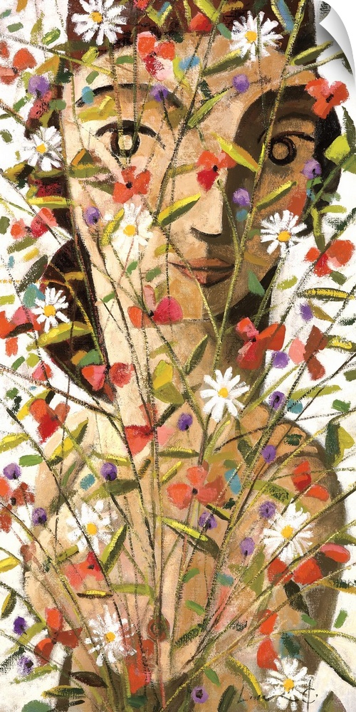 A vertical portrait of a woman behind a large bouquet of wild flowers, painted in a cubism style.