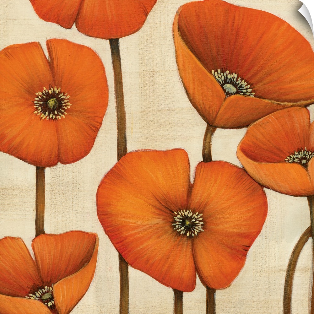 Square contemporary artwork of orange poppy flowers against a neutral backdrop.