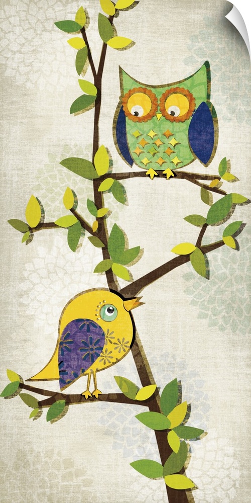 Decorative artwork of a colorful bird and owl on a tree with a floral patterned beige background.