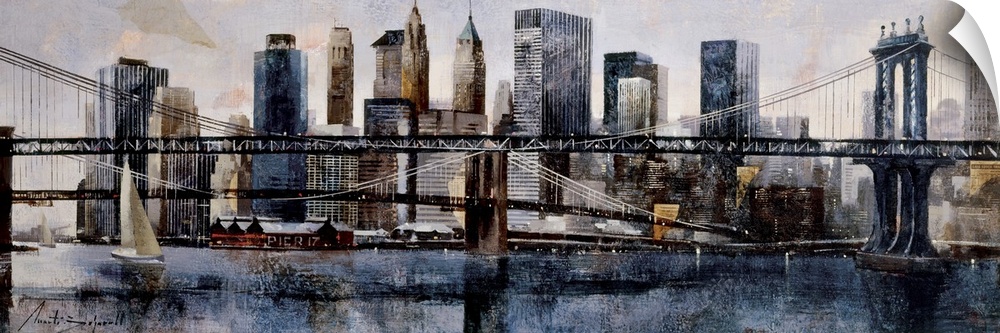A horizontal painting of Brooklyn and Manhattan Bridges with the New York cityscape behind.